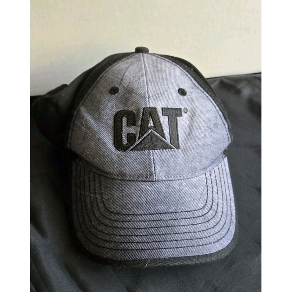 Cat Hat Strap Back Gray Black Logo Spellout Embroidered Caterpillar Workwear